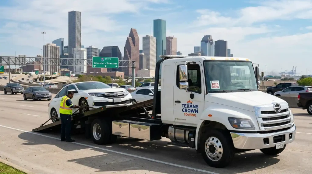 A professional Texans Crown Towing flatbed tow truck with a clear 2026 update sticker on the side window, loading a white passenger car on the side of a busy Houston highway with the Downtown skyline in the background.