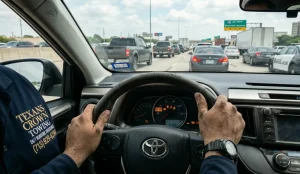 The driver, wearing branded apparel for Texans Crown Towing (contact info visible), is pointing to a rapidly flashing amber-orange 'CHECK ENGINE' light on their silver Toyota RAV4's dashboard.