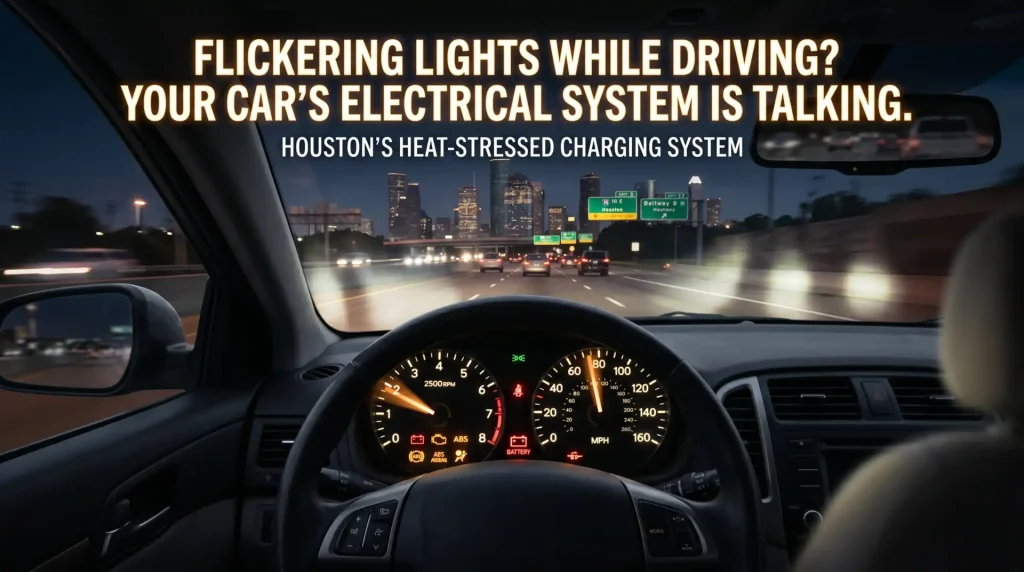 First-person view from inside a car driving on a Houston highway at night, showing a flickering dashboard display, an illuminated battery warning light, and pulsing headlights with a title overlay about heat-stressed charging systems.