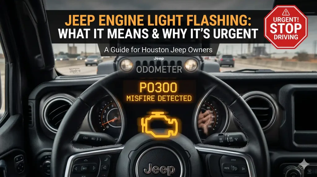 Interior view of a Jeep driving on a Houston highway, showing a flashing amber check engine light and a digital dashboard displaying 'P0300 MISFIRE DETECTED' with an urgent 'STOP DRIVING' warning overlay.
