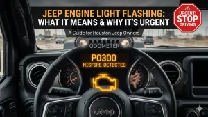 Interior view of a Jeep driving on a Houston highway, showing a flashing amber check engine light and a digital dashboard displaying 'P0300 MISFIRE DETECTED' with an urgent 'STOP DRIVING' warning overlay.