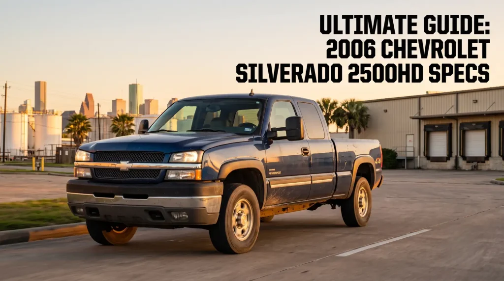 A dark blue 2006 Chevrolet Silverado 2500HD truck driving on an industrial road with palm trees and a sunset in Houston, Texas, featuring a text overlay for "ULTIMATE GUIDE: 2006 CHEVROLET SILVERADO 2500HD SPECS"