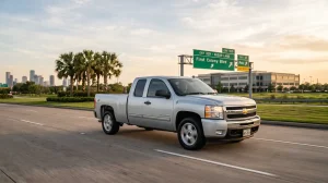 A silver 2008 Chevrolet Silverado 1500 driving along Highway 6 with Sugar Land road signs and palm trees in the background under a warm Texas sky.