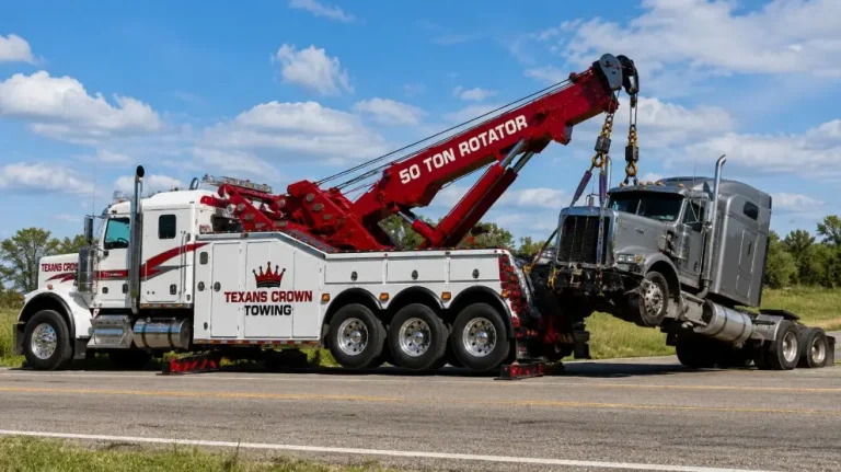 Texans Crown Towing heavy duty 50-ton rotator truck performing a semi-truck recovery on the highway Missouri City