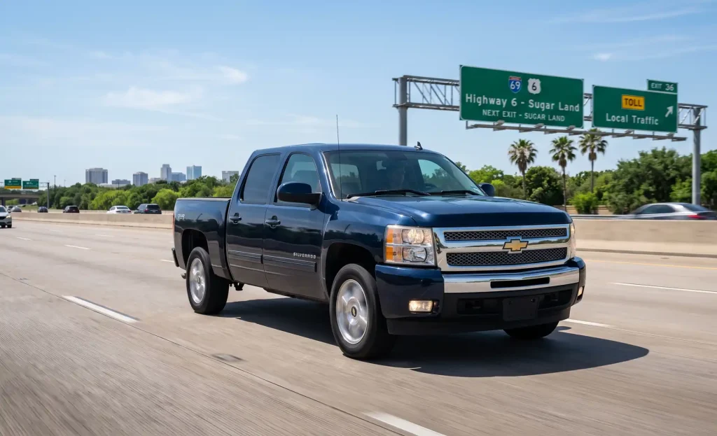 A dark blue 2013 Chevrolet Silverado 1500 Crew Cab pickup driving on Highway 6 near Sugar Land, Texas, with highway overhead signs and suburban scenery in the background.