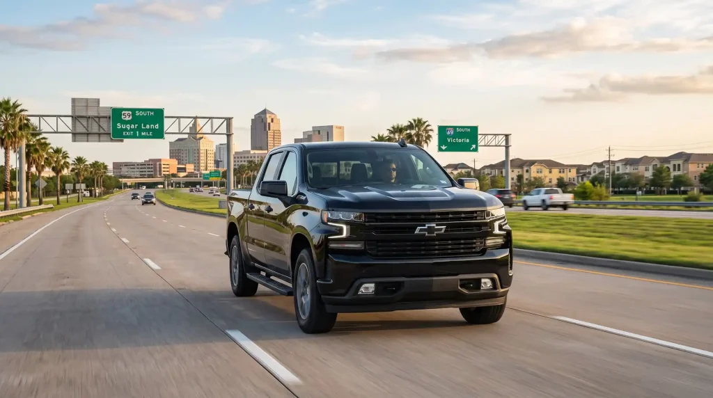 A powerful black 2020 Chevrolet Silverado 1500 Crew Cab truck driving on I-69/US-59 highway near Sugar Land, Texas, with the city skyline and highway overhead signs visible in the background under a golden hour sky.