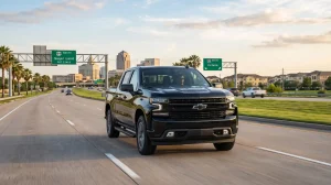 A powerful black 2020 Chevrolet Silverado 1500 Crew Cab truck driving on I-69/US-59 highway near Sugar Land, Texas, with the city skyline and highway overhead signs visible in the background under a golden hour sky.