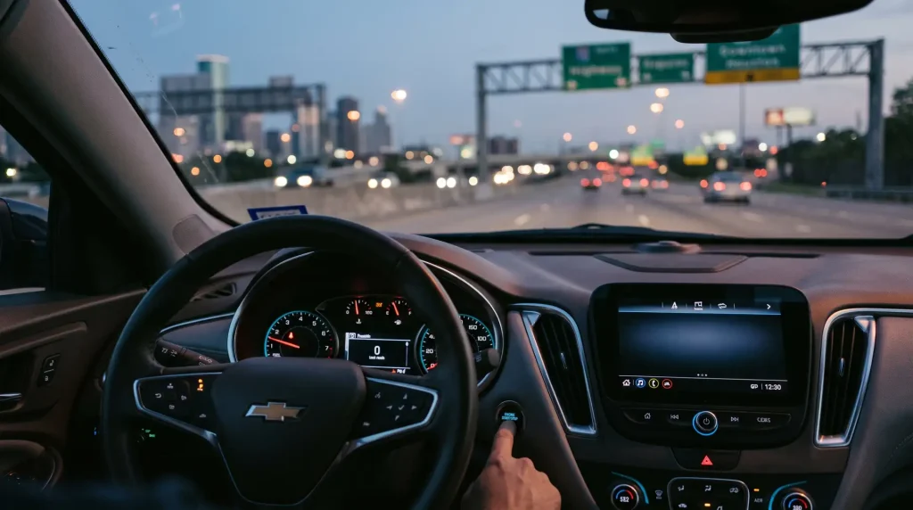 A illuminated car dashboard with headlights and warning symbols turned on while the driver presses the engine start button in a car that will not start.