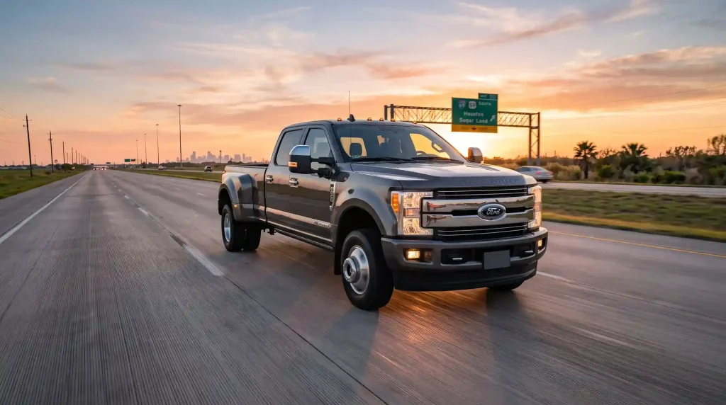 A dark gray heavy-duty dually pickup truck driving on a Texas highway, highlighting its wide rear fender dimensions