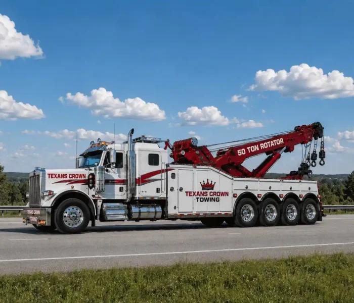 Texans Crown Towing 50-ton rotator truck lifting and recovering a silver semi-truck in Texas